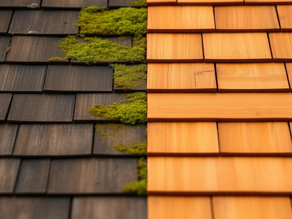 Cedar shakes half covered in moss, half freshly restored