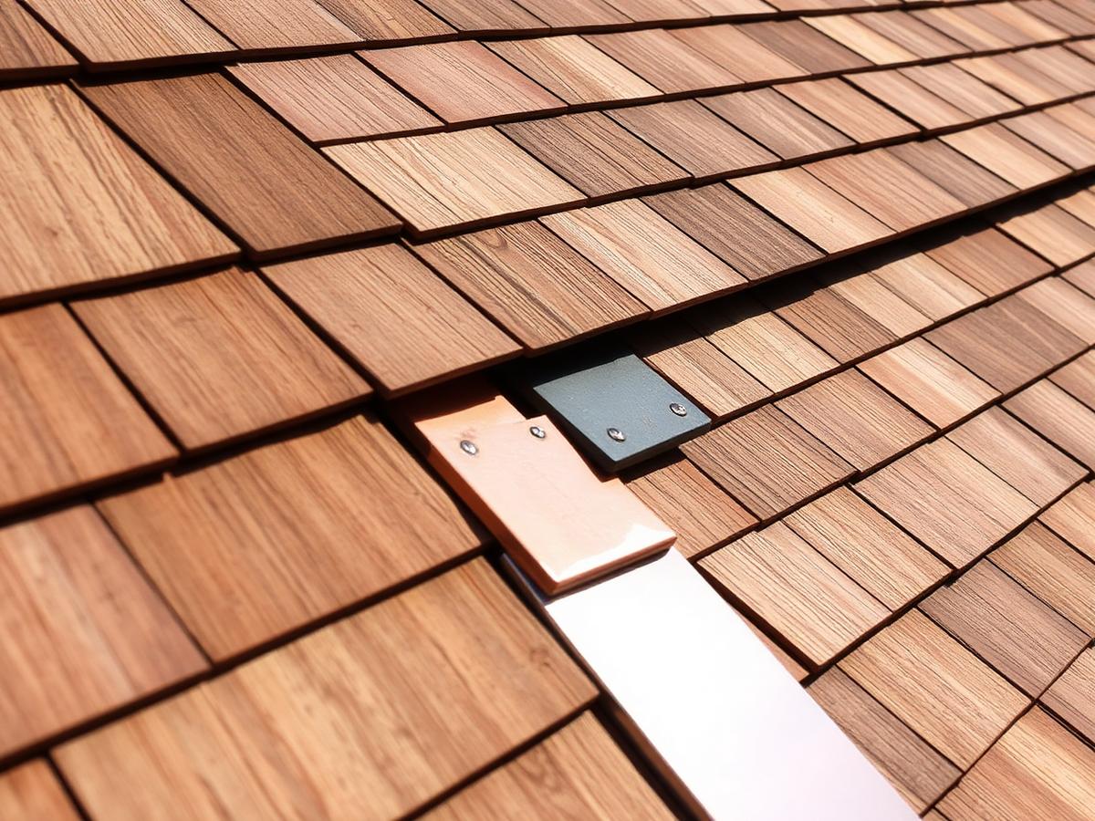 New cedar shakes and copper flashing in a roof valley