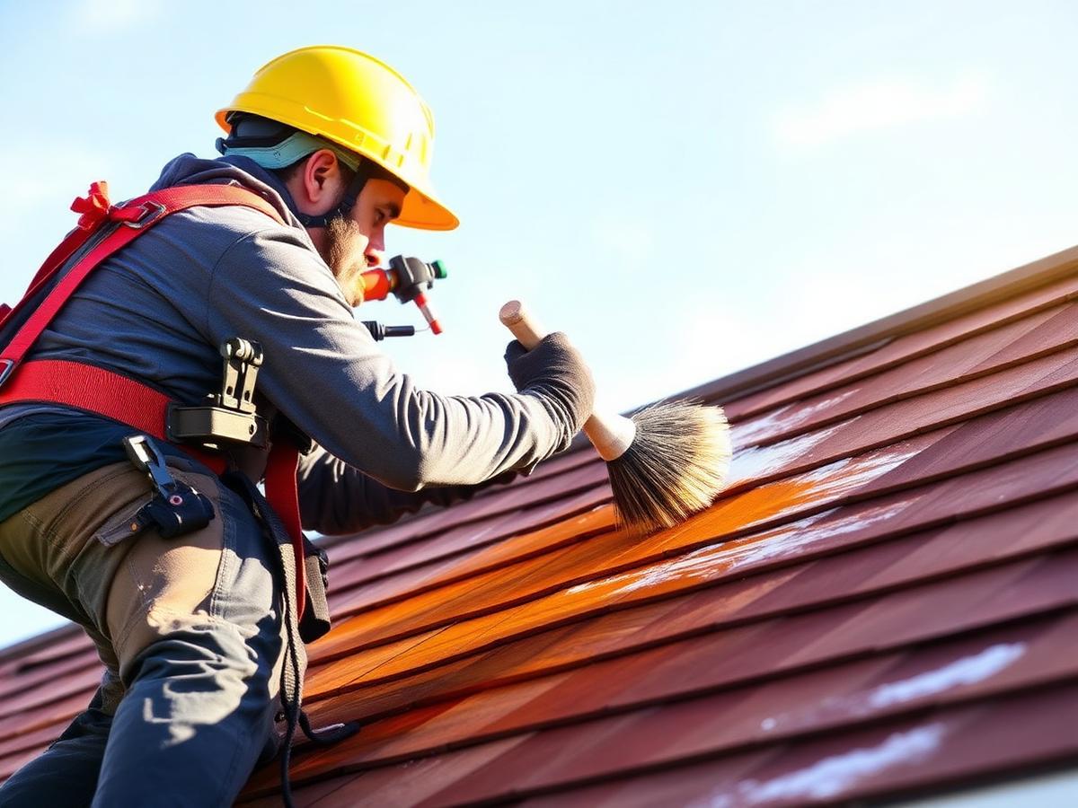 Roofer applying cedar preservative by hand